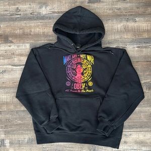 Obey brand black pullover hoodie with color gradient logo